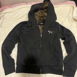 2010s VS PINK Black fur lined zip up with sequin back